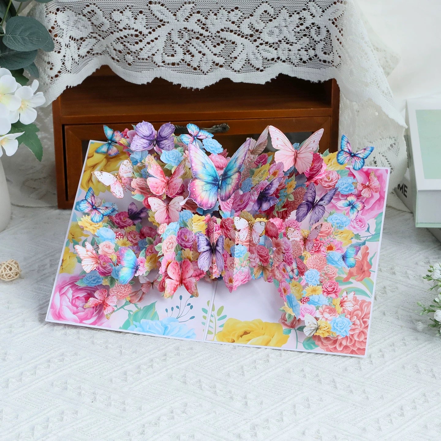 3D Pop-Up elegante bunte Schmetterlinge&Blumen Grußkarte