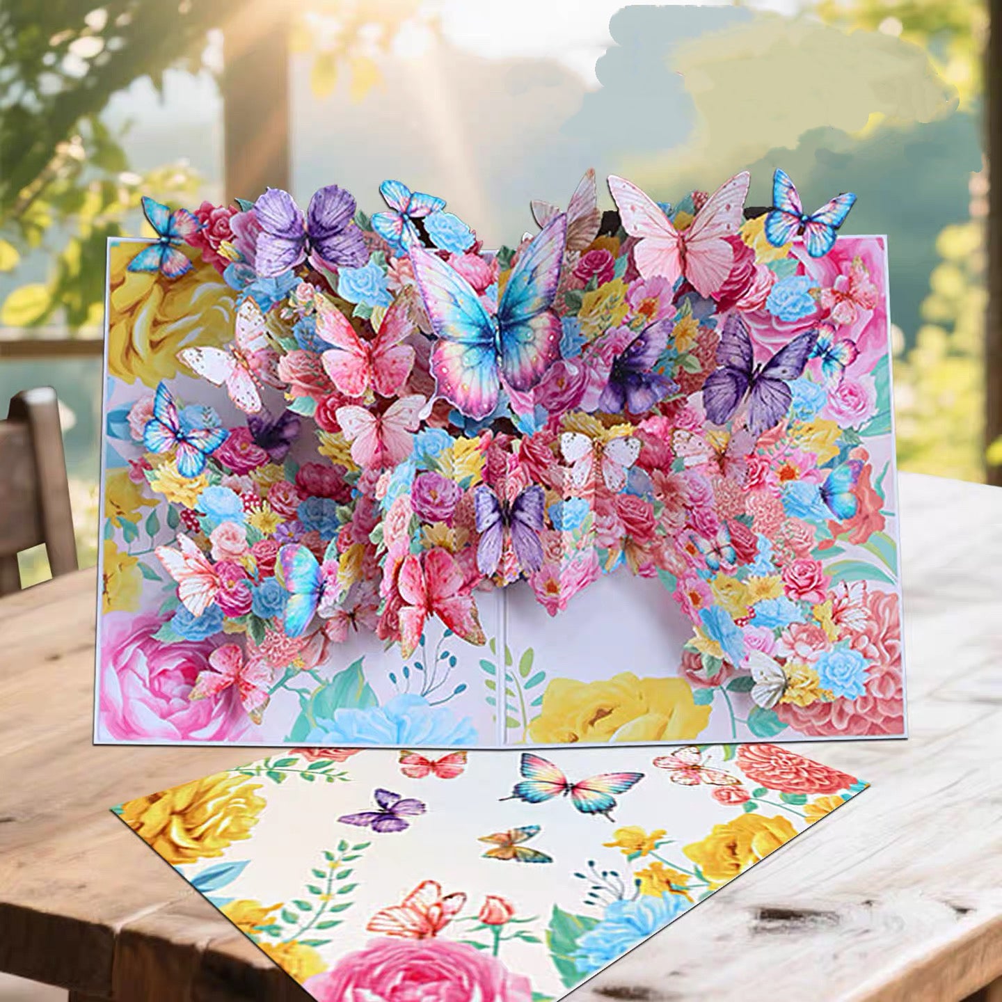 3D Pop-Up elegante bunte Schmetterlinge&Blumen Grußkarte