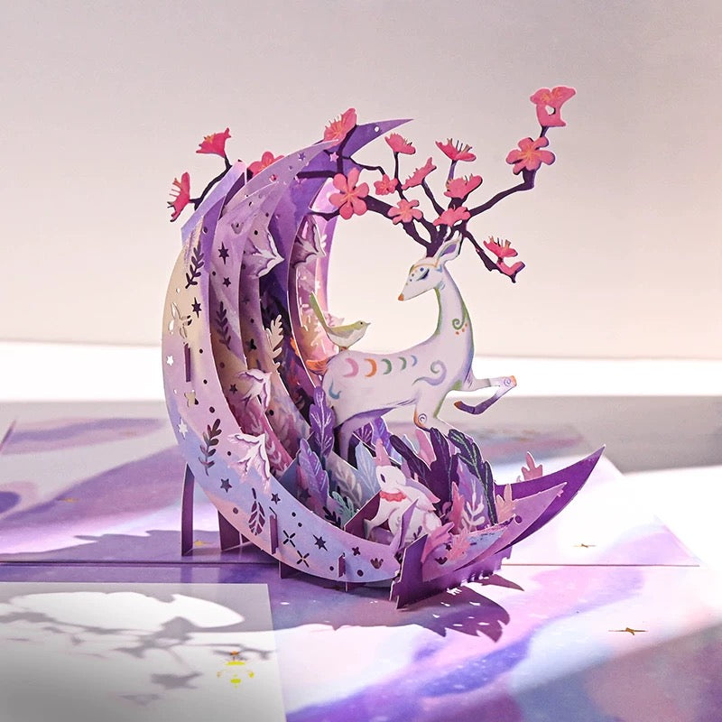 3D Pop-Up elegante Mond&Hirsch Grußkarte