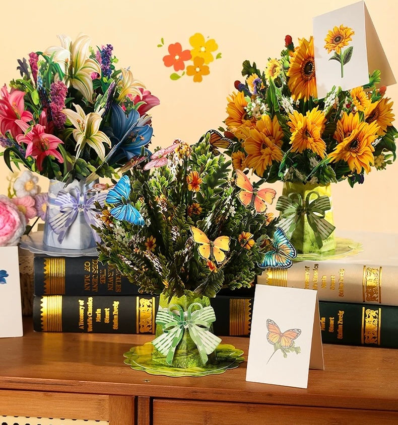 3D Pop-Up Schmetterlings-Blumenstrauß-Grußkarte, elegante Grußkarte mit Blumendesign