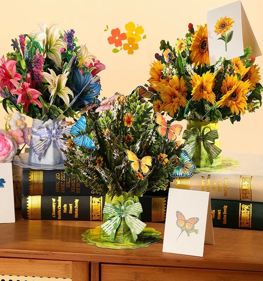 3D Pop-Up Schmetterlings-Blumenstrauß-Grußkarte, elegante Grußkarte mit Blumendesign