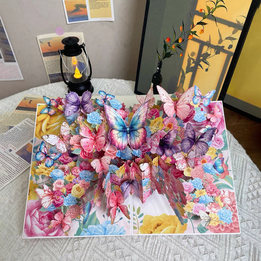 3D Pop-Up elegante bunte Schmetterlinge&Blumen Grußkarte