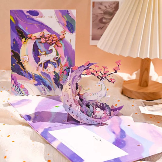 3D Pop-Up elegante Mond&Hirsch Grußkarte