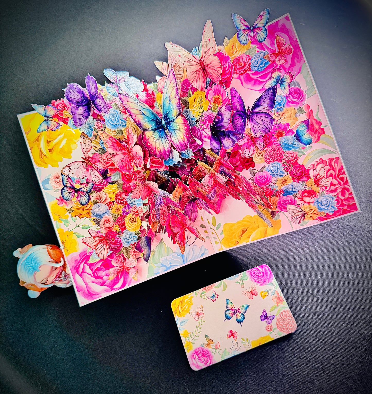 3D Pop-Up elegante bunte Schmetterlinge&Blumen Grußkarte