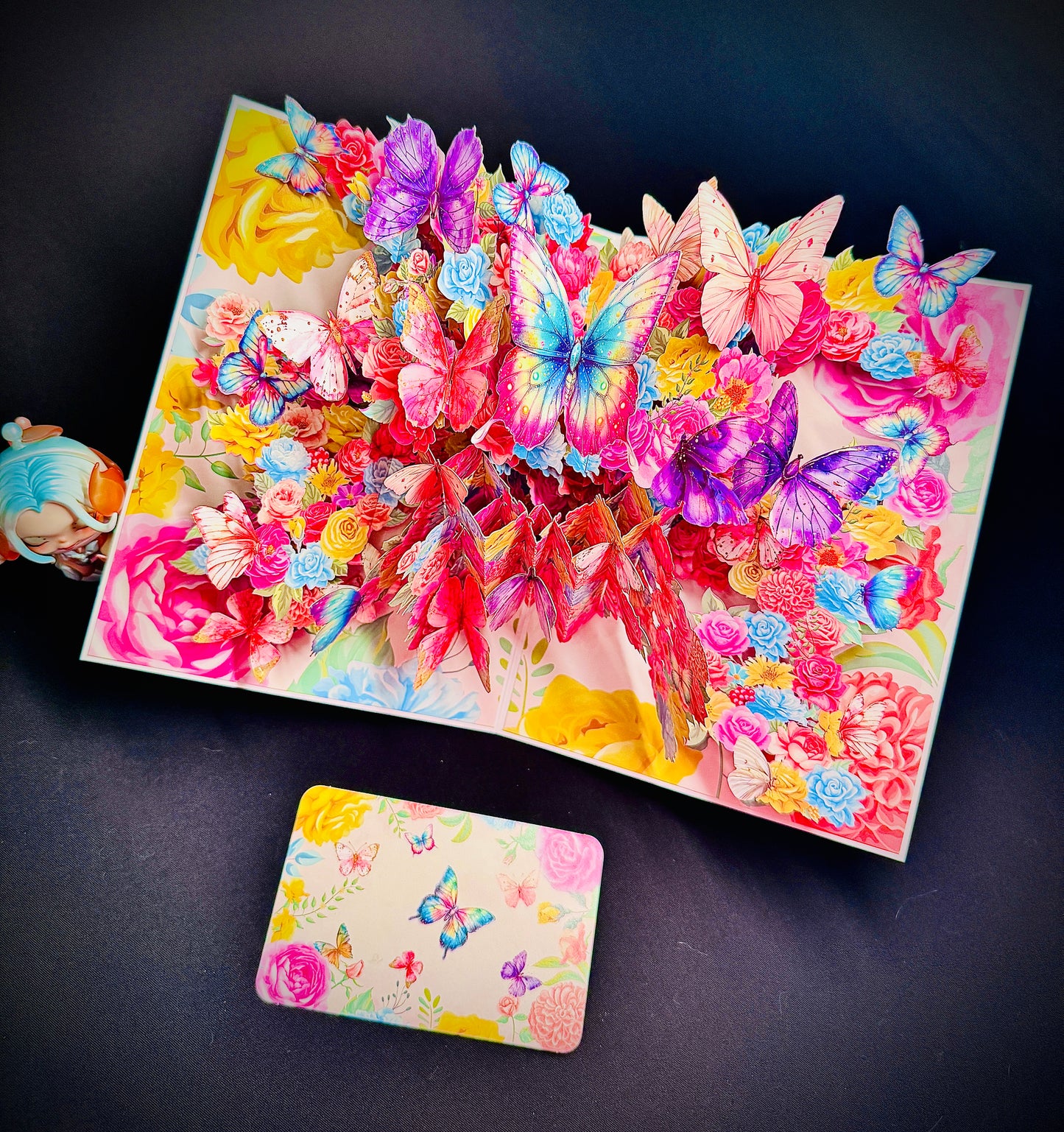 3D Pop-Up elegante bunte Schmetterlinge&Blumen Grußkarte